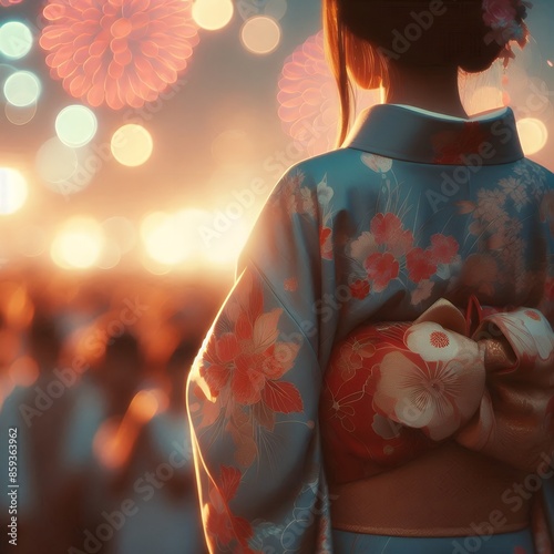Kimono girl Under Summer Firework Lights with Generative AI. photo