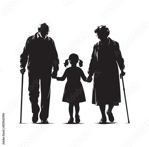 grandparents walking with granddaughter vector silhouette Illustration