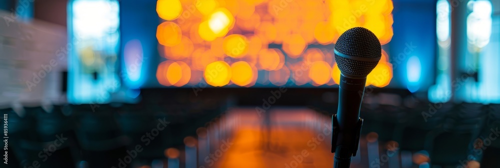 Obraz premium A microphone stands ready on a stage in front of a large screen, hinting at an upcoming presentation or event in a large event space