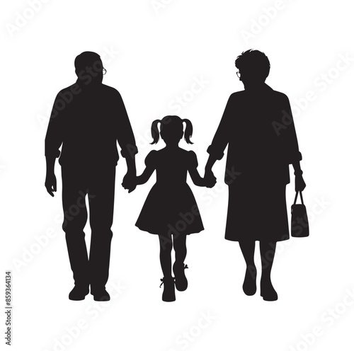 grandparents walking with granddaughter vector silhouette Illustration