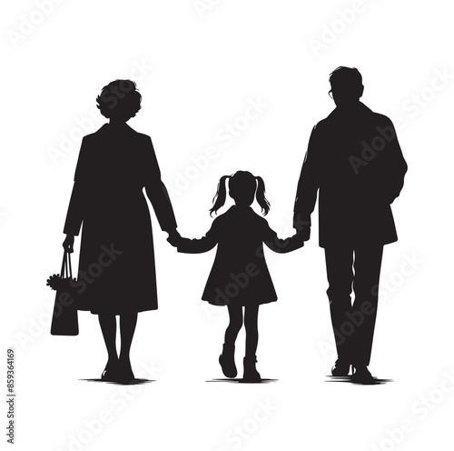 grandparents walking with granddaughter vector silhouette Illustration