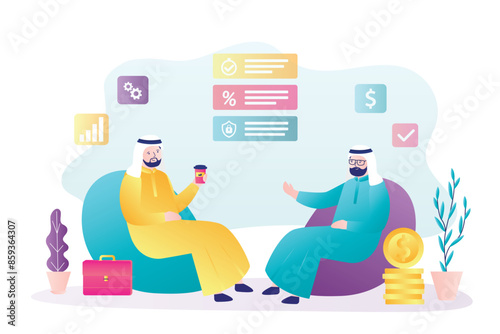 Arabian businessmen sitting and talking. Negotiations between muslim business people. Arab politicians or entrepreneurs chatting at summit or conference.