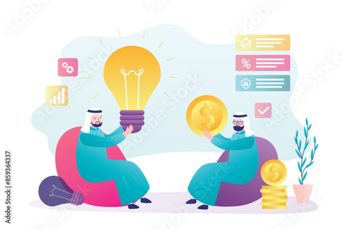 Arabian businessmen sitting and talking. Negotiations between muslim business people, investor and an innovator man giving new idea. Getting investments for new profitable project