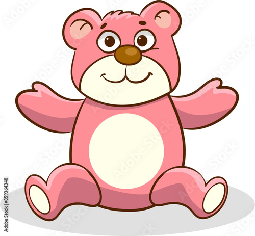 Vector cartoon plush cute beautiful little kind Teddy bear. Gift sitting favorite cuddly toy. Graphic sticker. Light background.