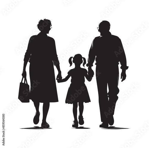 grandparents walking with granddaughter vector silhouette Illustration