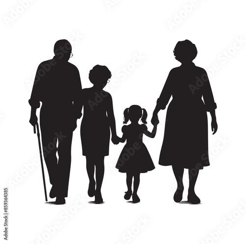 grandparents walking with granddaughter vector silhouette Illustration