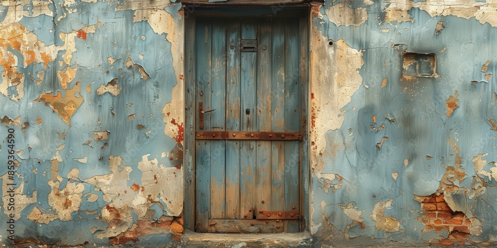 Naklejka premium Weathered Wooden Door on a Crumbling Wall