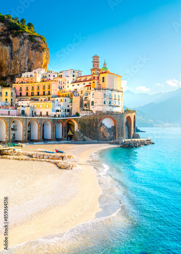 Obraz na płótnie Morning view of Amalfi cityscape on coast line of mediterranean sea, Italy w salonie