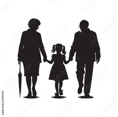 grandparents walking with granddaughter vector silhouette Illustration