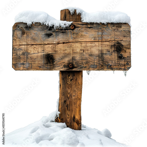 Wooden signpost covered in snow, cut out photo