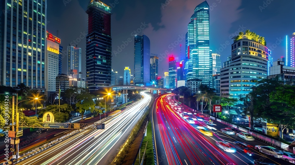 Jakarta City Light Painting Long Exposure With Vehicle and Building With Neon Colorfull Light For Tourist Night at Highway Indonesia : Generative AI Jakarta City Light Painting Long Exposure With Vehicle and Building With Neon Colorfull Light For Tourist Night at Highway Indonesia : Generative AI