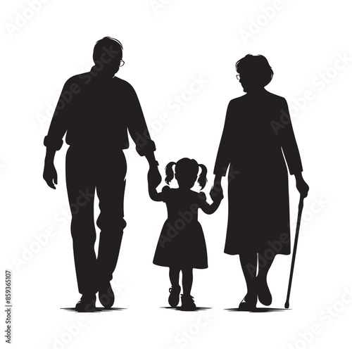 grandparents walking with granddaughter vector silhouette Illustration