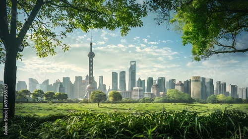 cityscape and skyline of shanghai from meadow in park : Generative AI