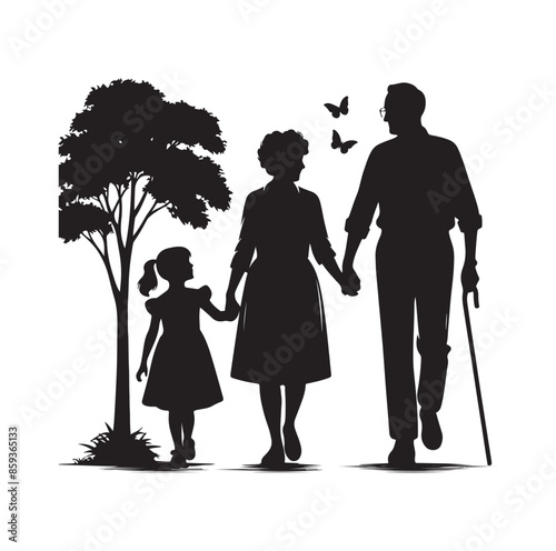 grandparents walking with granddaughter vector silhouette Illustration
