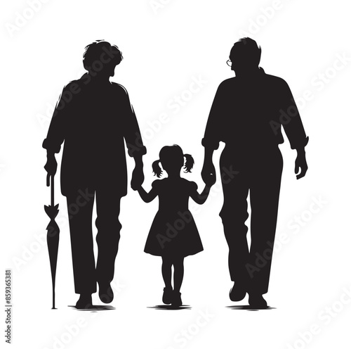 grandparents walking with granddaughter vector silhouette Illustration