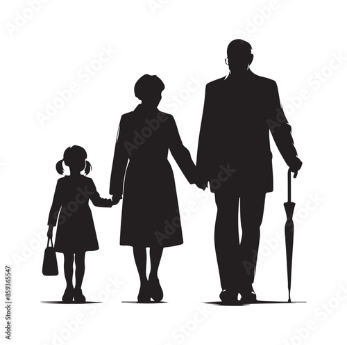 grandparents walking with granddaughter vector silhouette Illustration