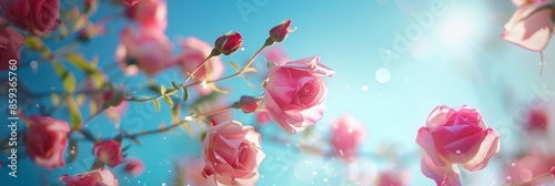 A close-up photograph showcasing delicate pink roses gently floating upwards against a deep blue sky © Elmira