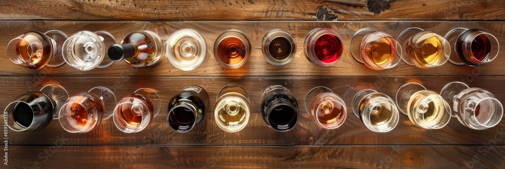 A top-down view of a symmetrical arrangement of various wine glasses and bottles filled with different types of alcohol, displayed on a wooden table A top-down view of a symmetrical arrangement of various wine glasses and bottles filled with different types of alcohol, displayed on a wooden table