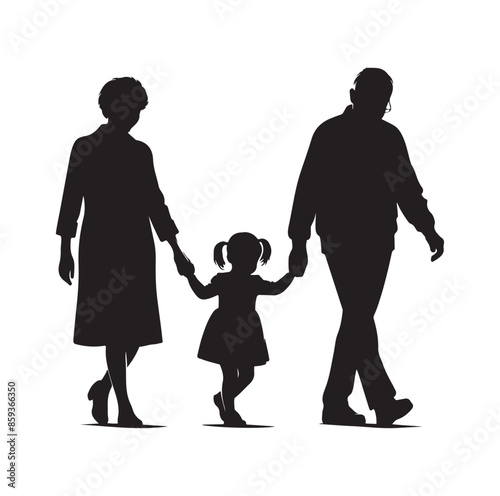 grandparents walking with granddaughter vector silhouette Illustration