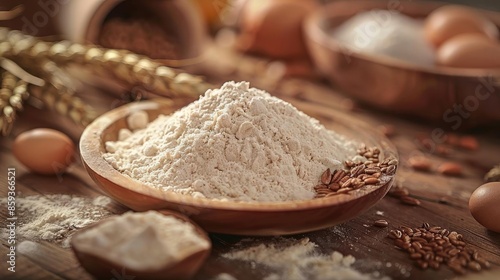 Close-up of flour in a wooden bowl with eggs and grains in the background, perfect for baking and cooking themes