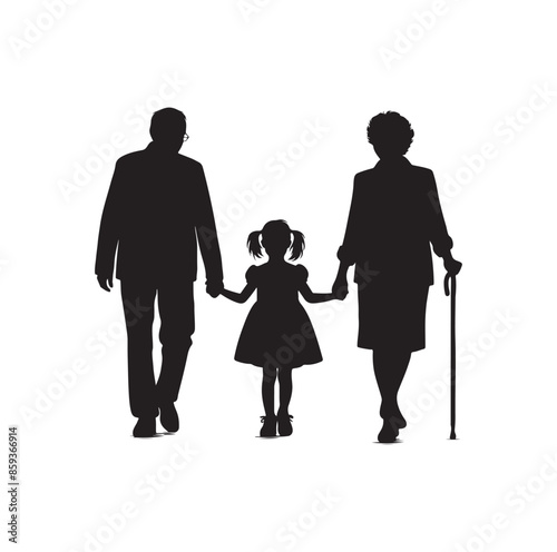 grandparents walking with granddaughter vector silhouette Illustration