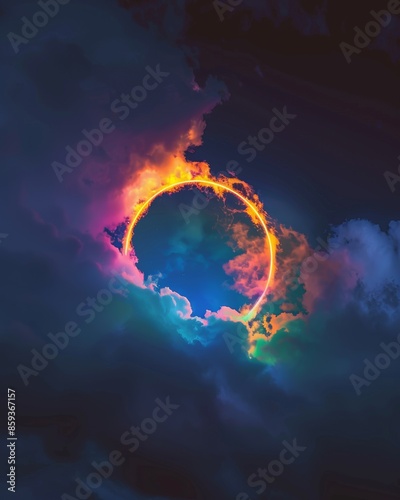 Vibrant neon ring encircles colorful cloud in dark night sky, creating surreal, dreamy atmosphere with high contrast. © chakrapong