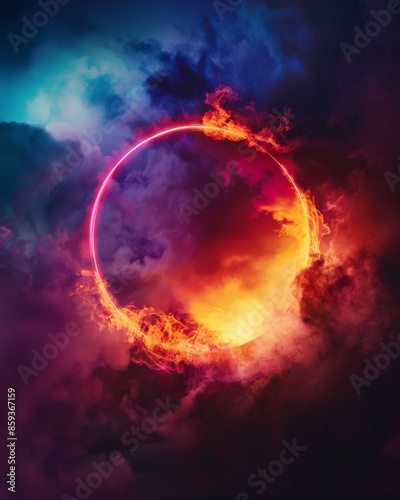 Vibrant neon ring encircling colorful cloud in dark night sky, creating surreal, dreamy atmosphere with high contrast.