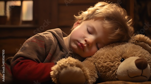 Toddler with Teddy Bear A portrait of a toddler boy lying on a wooden floor