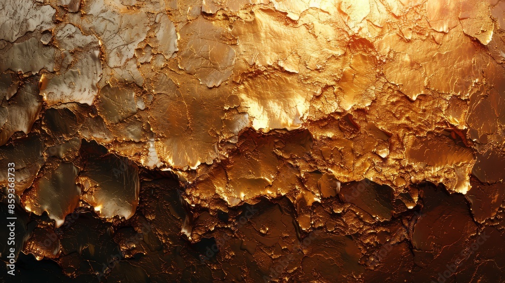 An image showcasing a golden surface with ripples and metallic reflections, capturing the interplay of light and texture in a captivating visual presentation.