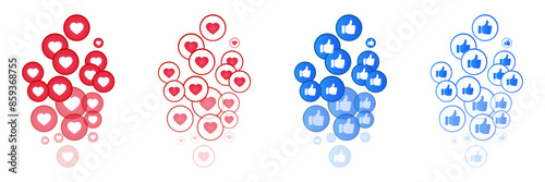 Like a blue icon and a heart icon. Live video broadcast, chat, likes. Social networks, red heart and blue thumbs up from lighter to darker responsive web buttons isolated on white background. Vector i