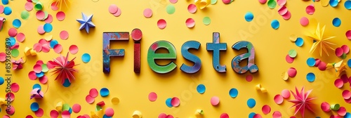 Close-up of Fiesta in playful fonts on a yellow background, surrounded by confetti and colorful decorations, creating a festive atmosphere