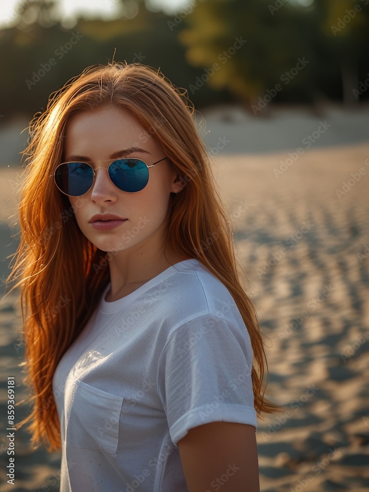 Beautiful woman with open hair, wearing sunglasses and a white T-shirt, captured in a high-resolution 4K photograph, exuding elegance and style against a stunning backdrop Beautiful woman with open hair, wearing sunglasses and a white T-shirt, captured in a high-resolution 4K photograph, exuding elegance and style against a stunning backdrop