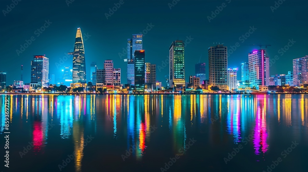 Fototapeta premium Awesome Ho Chi Minh City skyline Night view of skyscrapers and other highrise buildings at downtown of Ho Chi Minh City Vietnam Colorful city lights reflected in water of the Saigon Ri : Generative AI