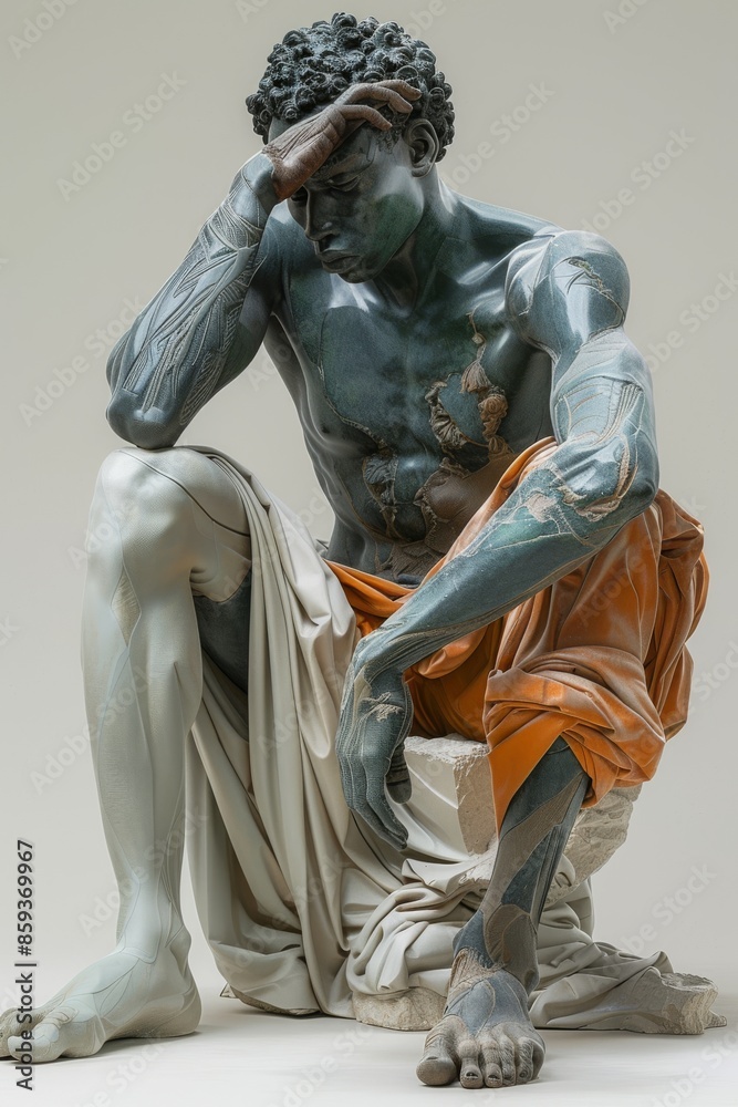 Fototapeta premium Sculpture of seated man with intricate anatomy and lifelike fabric in blue, green, and orange.