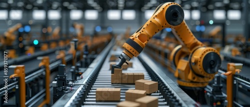 Industrial robotic arm moving boxes on a conveyor belt in a factory.