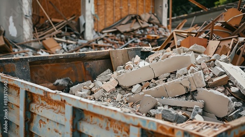 Shattered broken construction waste after building demolitionin a construction waste container A collection service is available to handle the disposal of these materials : Generative AI