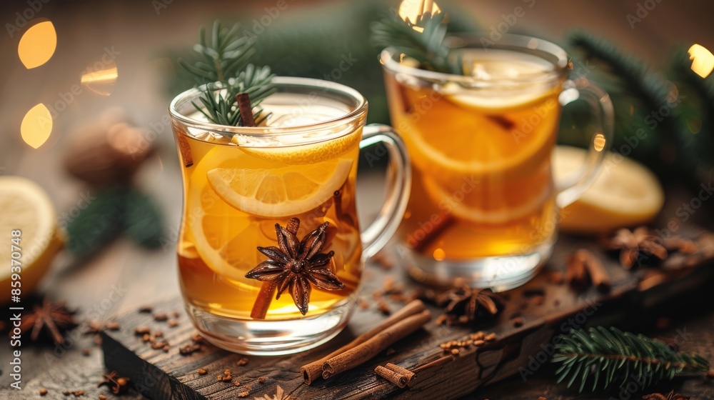 A cozy setting with two clear glasses filled with mulled spice tea, featuring lemon slices, star anise, cinnamon sticks, and pine sprigs, perfect for a warm, festive mood. A cozy setting with two clear glasses filled with mulled spice tea, featuring lemon slices, star anise, cinnamon sticks, and pine sprigs, perfect for a warm, festive mood.