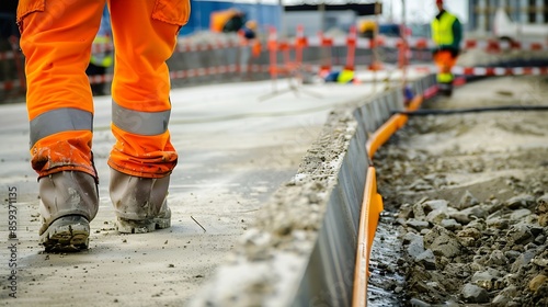 groundworker in orange and yellow hiviz carrying heavy concrete edging curbs on the building site during new road construction Manual handling safety concept : Generative AI photo