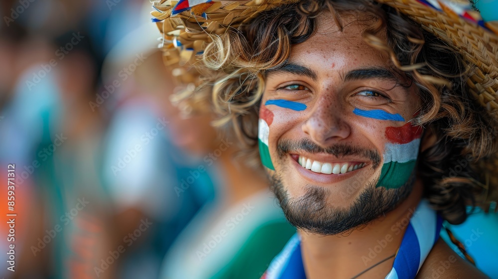Image of a man in a straw hat with colorful face paint, smiling radiantly at an athletic event, demonstrating high energy, cultural pride, and the festive spirit of the event. Image of a man in a straw hat with colorful face paint, smiling radiantly at an athletic event, demonstrating high energy, cultural pride, and the festive spirit of the event.