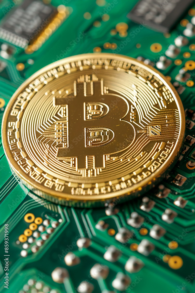 A close-up of a golden Bitcoin on a green circuit board, symbolizing cryptocurrency and digital finance. A close-up of a golden Bitcoin on a green circuit board, symbolizing cryptocurrency and digital finance.