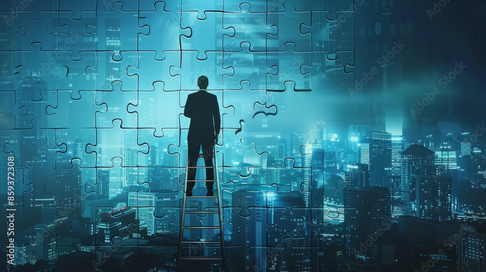A businessperson standing on a ladder, placing the final piece in a large puzzle, symbolizing strategic management and goal achievement. A businessperson standing on a ladder, placing the final piece in a large puzzle, symbolizing strategic management and goal achievement.