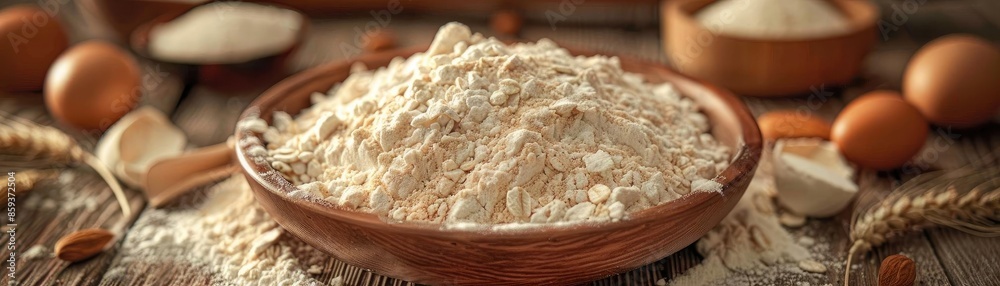 A rustic kitchen setting with a bowl of flour, eggs, and wheat, perfect for baking-themed concepts and agricultural displays. A rustic kitchen setting with a bowl of flour, eggs, and wheat, perfect for baking-themed concepts and agricultural displays.