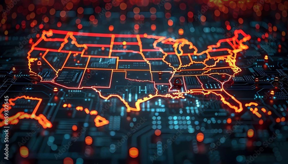 Digital Fortress: USA Cybersecurity Network, a map of the USA enveloped in a digital shield, secure communication channels. Digital Fortress: USA Cybersecurity Network, a map of the USA enveloped in a digital shield, secure communication channels.