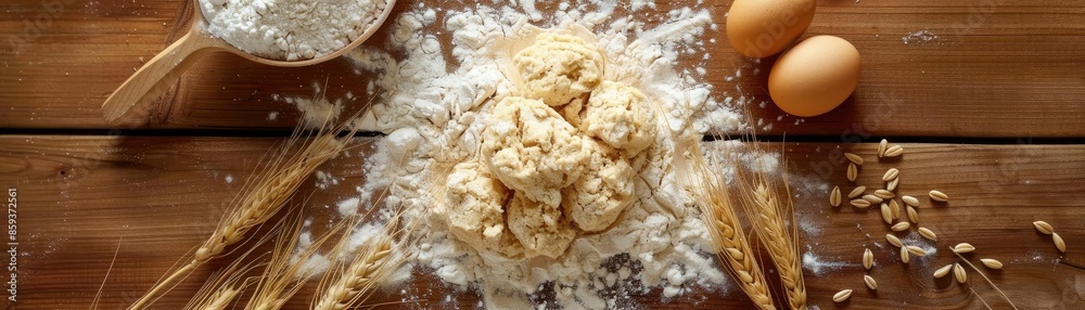 Dough preparation with wheat flour and eggs on a rustic wooden table, perfect for baking and cooking themes in stock photos. Dough preparation with wheat flour and eggs on a rustic wooden table, perfect for baking and cooking themes in stock photos.