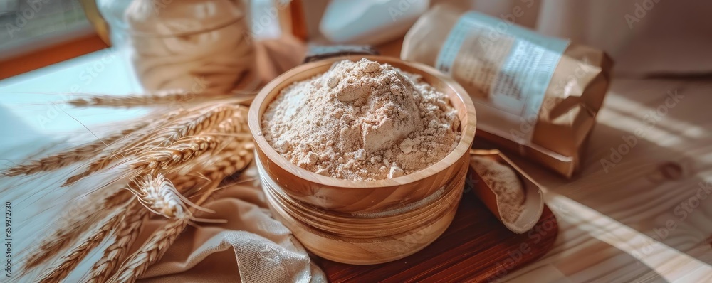 A wooden bowl filled with whole grain flour on a rustic wooden table with wheat ears and flour bags in the background. A wooden bowl filled with whole grain flour on a rustic wooden table with wheat ears and flour bags in the background.