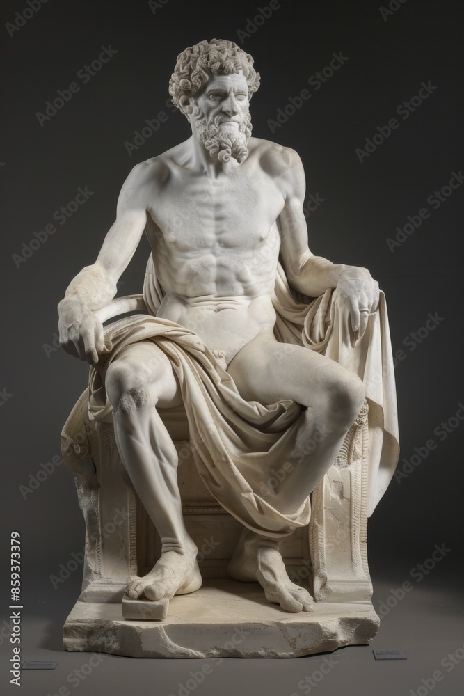Marble sculpture of seated man with intricate anatomy and draped cloth. Marble sculpture of seated man with intricate anatomy and draped cloth.