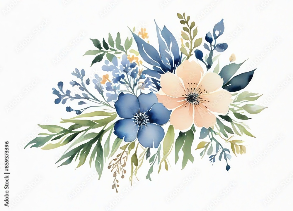 A watercolor painting of blue and peach flowers and leaves A watercolor painting of blue and peach flowers and leaves