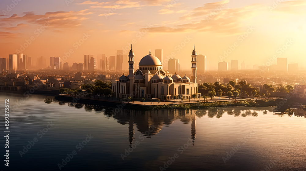 Naklejka premium A city with a large mosque in the center.