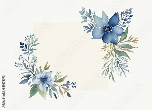Fototapeta Naklejka Na Ścianę i Meble -  A watercolor painting of blue flowers and leaves for invitation card