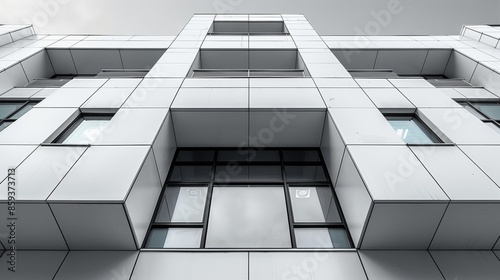 A clean white facade building  featuring geometric elements and symmetrical design  representing precision and modernity in urban architecture with an emphasis on clean lines.